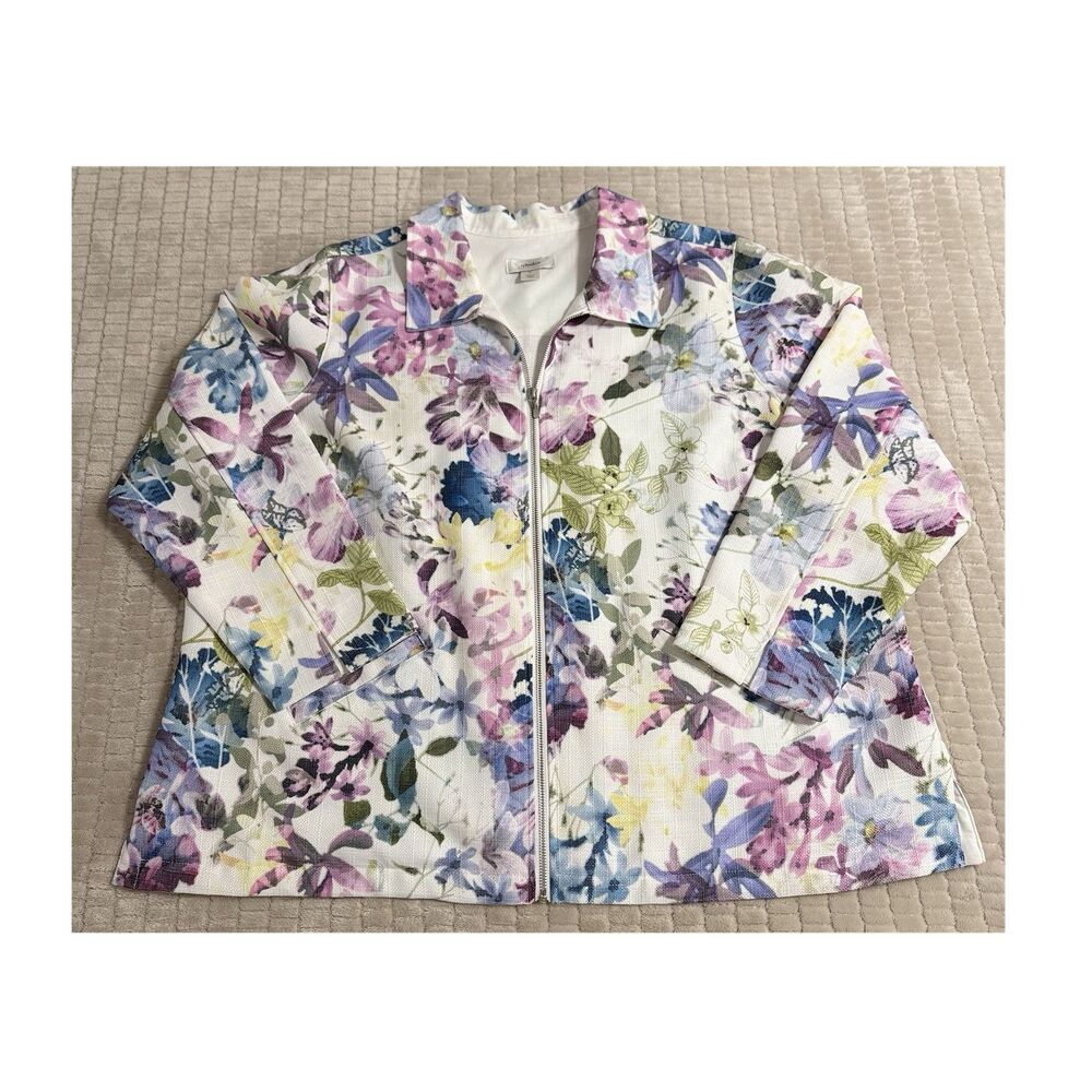 CJ Banks Women’s Plus 3X Floral Jacket Full Zip Pockets Multicolor Top
